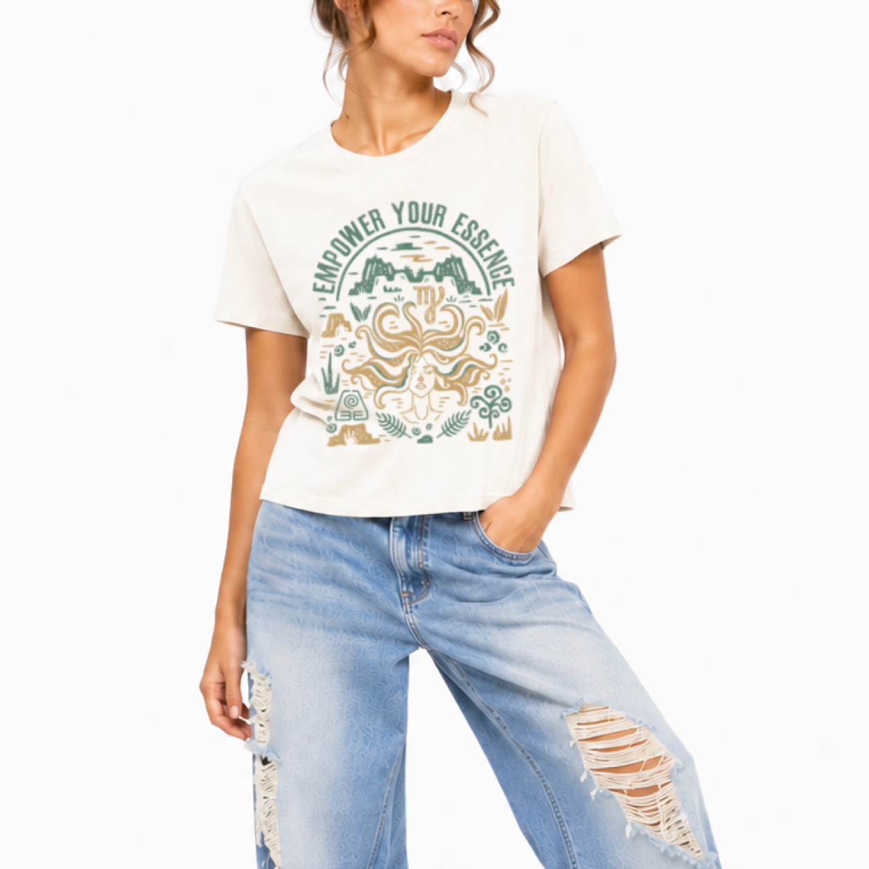 Women's Cosmic Energy heavyweight washed graphic T-shirt featuring the Virgo zodiac sign.