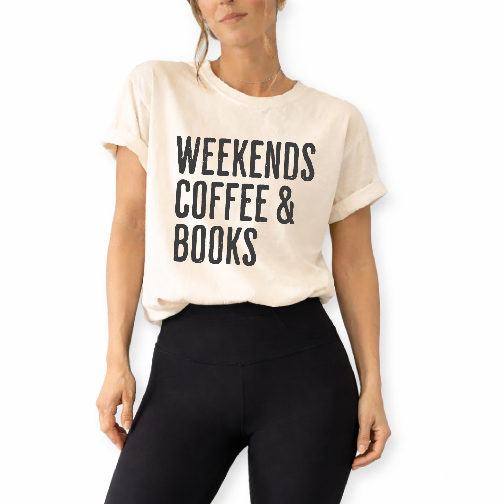 Book club graphic shirt paired with jeans and cardigan for autumn aesthetic and everyday casual look. Unisex retro Weekends Coffee and Books graphic t-shirt styled for cozy reader aesthetic outfit and casual café fashion.
