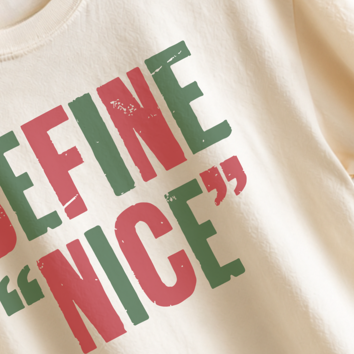 Women’s Define Nice Christmas graphic tee featuring a funny naughty or nice holiday saying, garment dyed fabric, mid length silhouette, relaxed fit, and crew neckline. black friday sale
