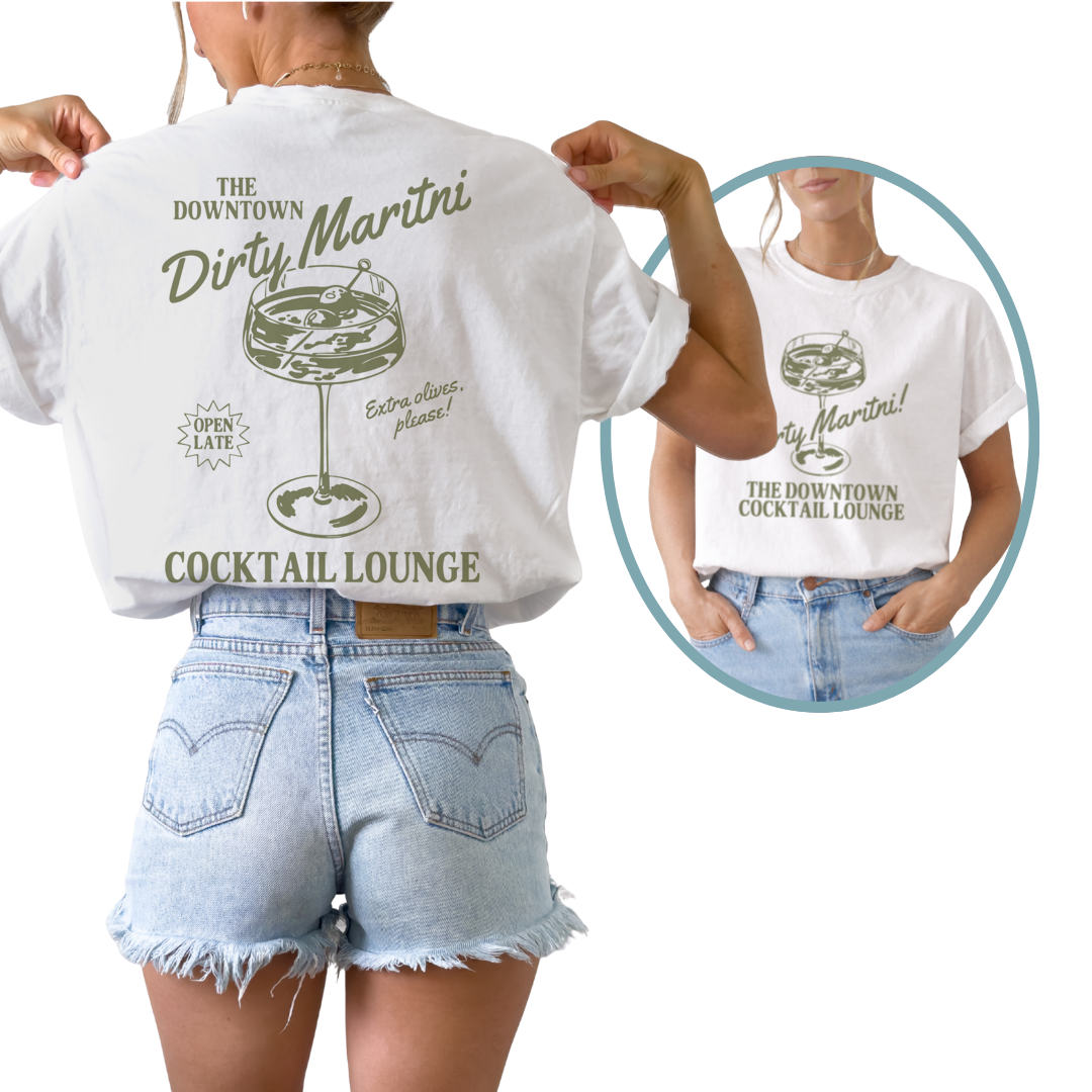 Classic cocktail themed graphic tee for martini lovers and nightlife outfits. Unisex vintage lounge style shirt featuring Dirty Martini Cocktail Lounge design. Classic cocktail themed graphic tee for martini lovers and nightlife outfits.