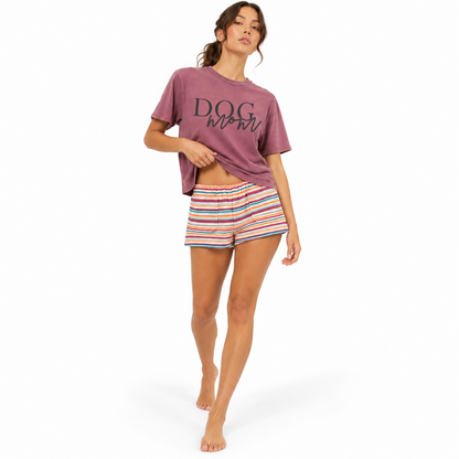 Front view of the Dog Mom women's vintage-style garment-dyed graphic tee featuring a relaxed mid-length fit for proud dog moms, dog owners, and animal lovers.