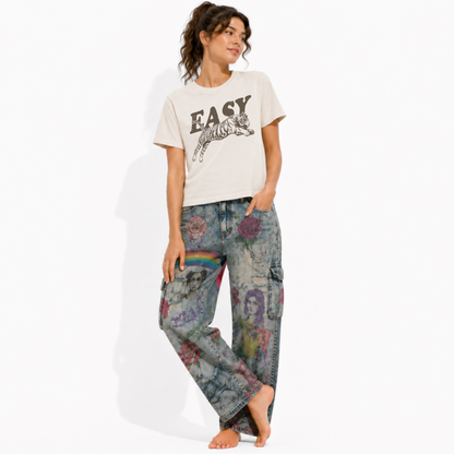 Woman wearing an Easy Tiger heavyweight mid-length graphic T-shirt featuring a vintage tiger illustration.