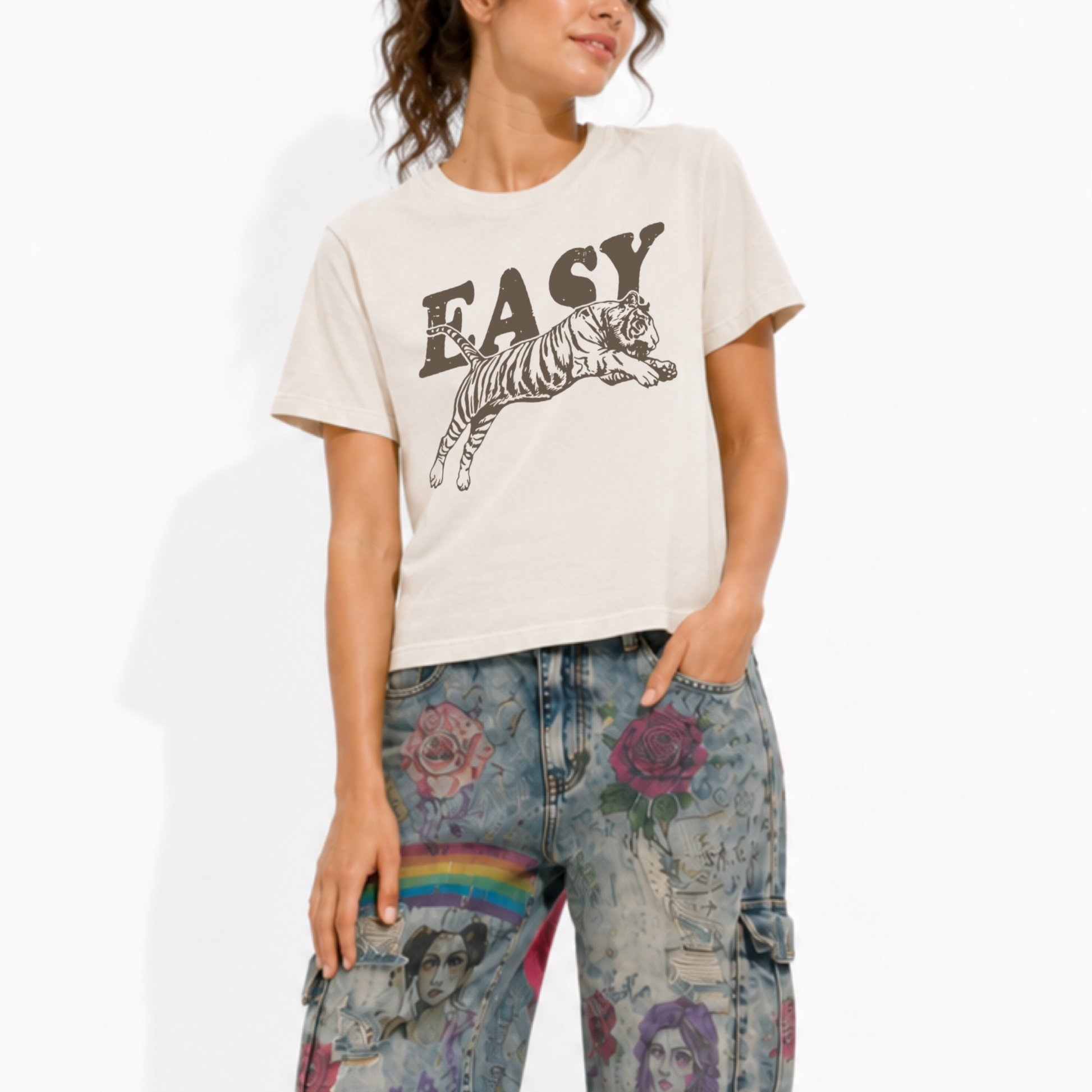 Woman wearing an Easy Tiger heavyweight mid-length graphic T-shirt featuring a vintage tiger illustration.