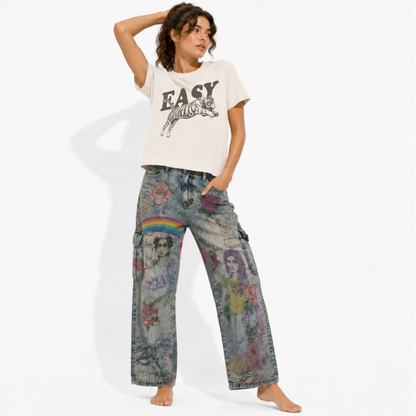 Close-up of the Easy Tiger graphic featuring a vintage tiger illustration on a women's heavyweight T-shirt.