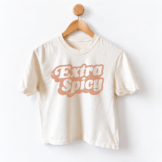 The shirt features a retro-style graphic on the chest reading 'Extra Spicy' in a dusty rose/coral color with white fill and small yellow speckles. Women’s Extra Spicy graphic tee featuring a funny bold saying, garment dyed fabric, mid length silhouette, relaxed fit, crew neckline, and casual everyday style.