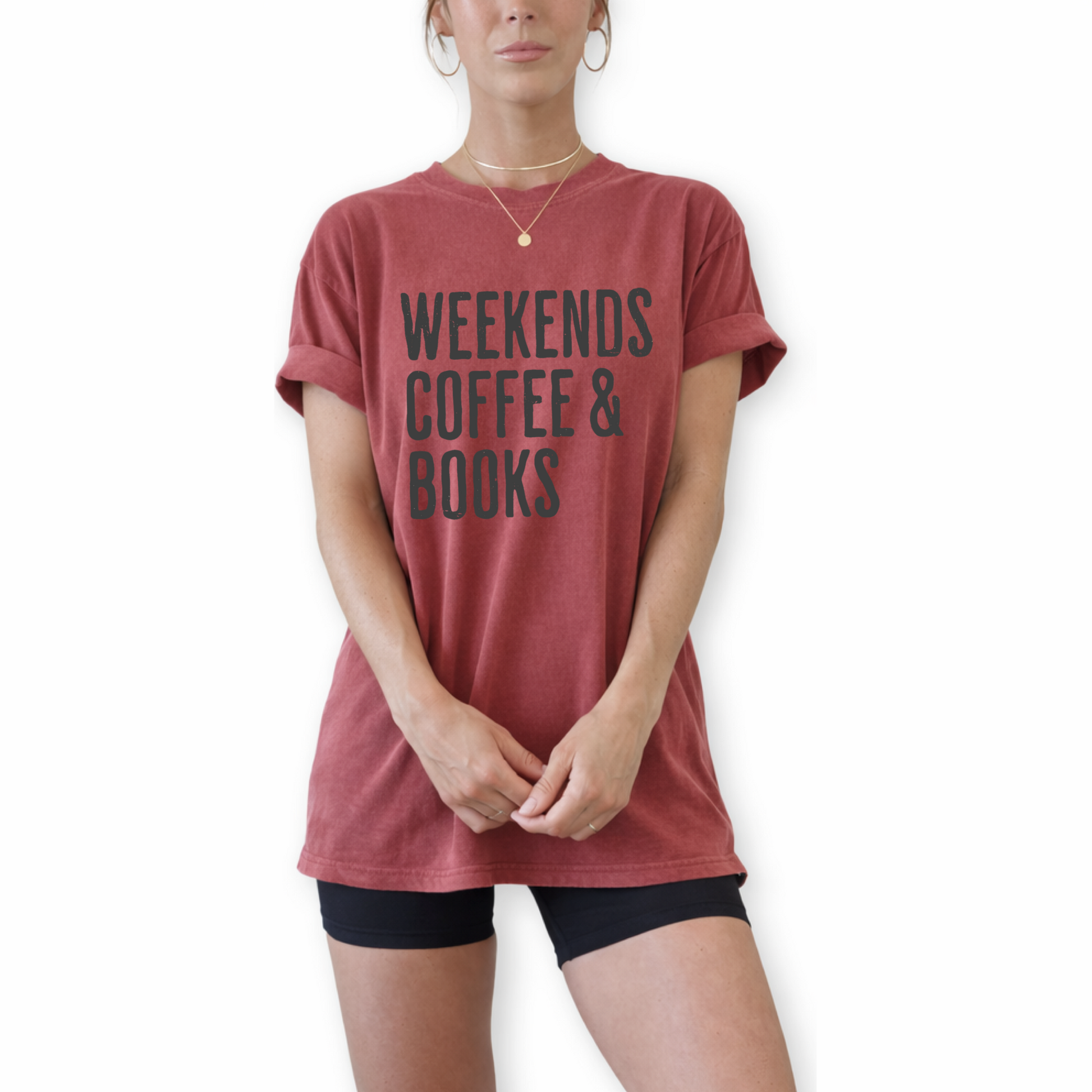 Book club graphic shirt paired with jeans and cardigan for autumn aesthetic and everyday casual look. Unisex retro Weekends Coffee and Books graphic t-shirt styled for cozy reader aesthetic outfit and casual café fashion.