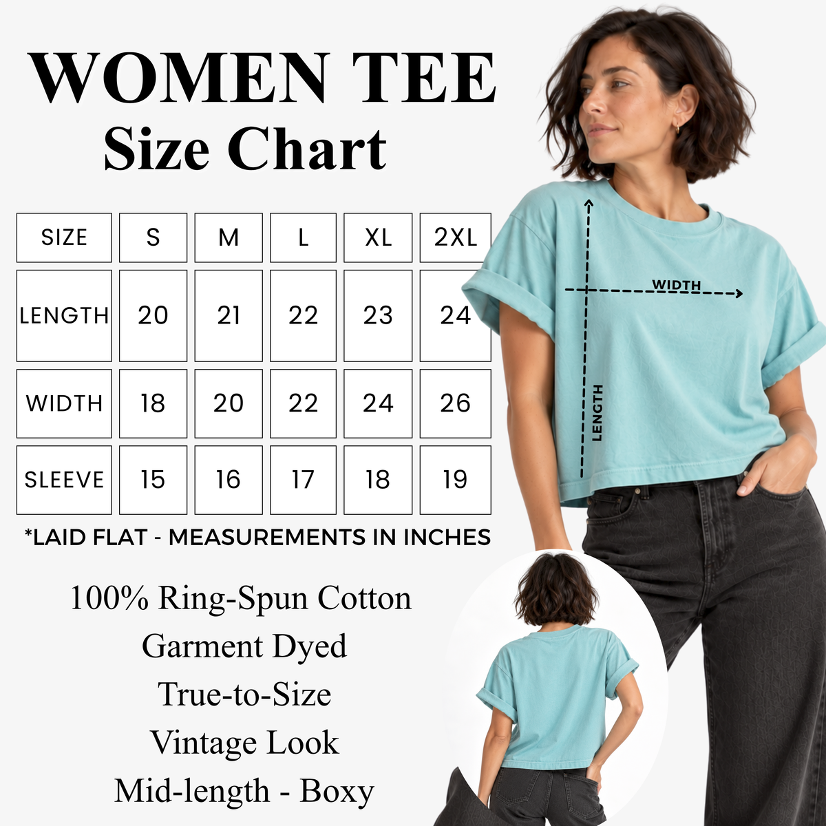 A women's size chart graphic for a short-sleeve crewneck tee, showing a woman modeling the shirt on the right with front and back views, alongside a size measurement table from S to 2XL with length and width measurements. Women’s mid length garment dyed T-shirt with a relaxed boxy fit, soft heavyweight cotton fabric, crew neckline, and comfortable everyday fit for casual wear.