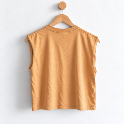 Back view of women’s garment dyed Thanksgiving muscle tank with heavyweight fabric, mid length silhouette, relaxed boxy fit, sleeveless cut, and casual holiday style.