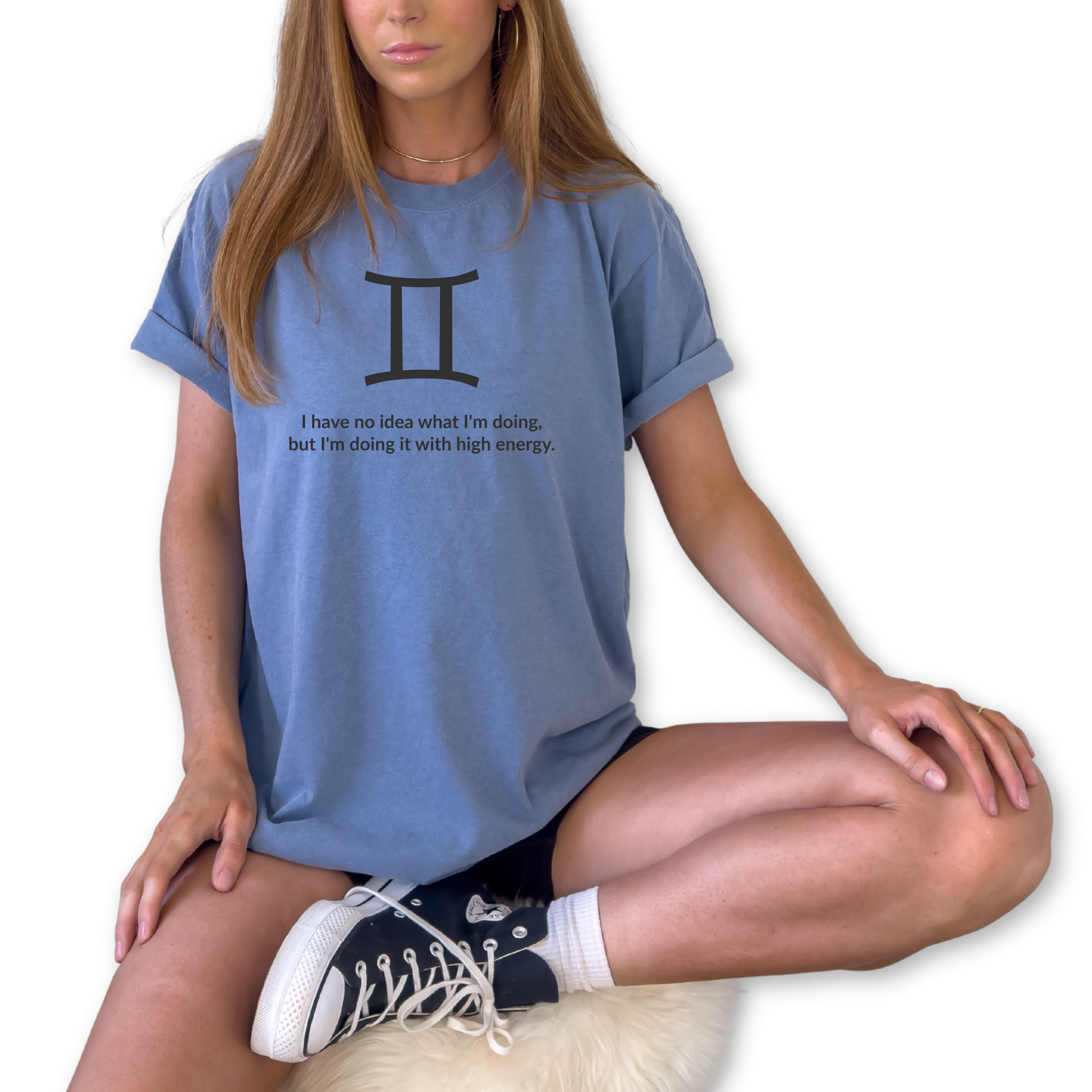 Gemini zodiac horoscope t-shirt featuring “I Have No Idea What I’m Doing, But I’m Doing It With High Energy.” Funny astrology shirt for May and June birthdays. Air sign graphic tee for horoscope lovers with bold, energetic personalities.
