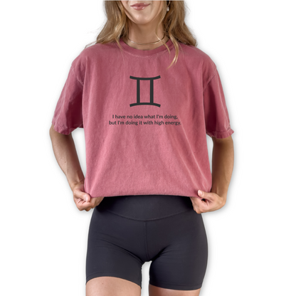 Gemini zodiac horoscope t-shirt featuring “I Have No Idea What I’m Doing, But I’m Doing It With High Energy.” Funny astrology shirt for May and June birthdays. Air sign graphic tee for horoscope lovers with bold, energetic personalities.