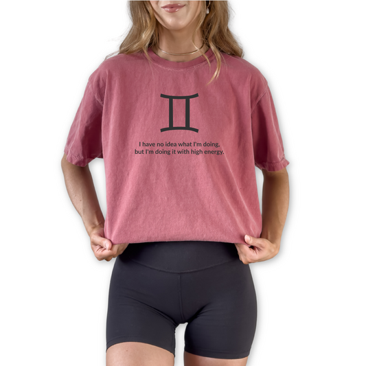 Gemini zodiac horoscope t-shirt featuring “I Have No Idea What I’m Doing, But I’m Doing It With High Energy.” Funny astrology shirt for May and June birthdays. Air sign graphic tee for horoscope lovers with bold, energetic personalities.
