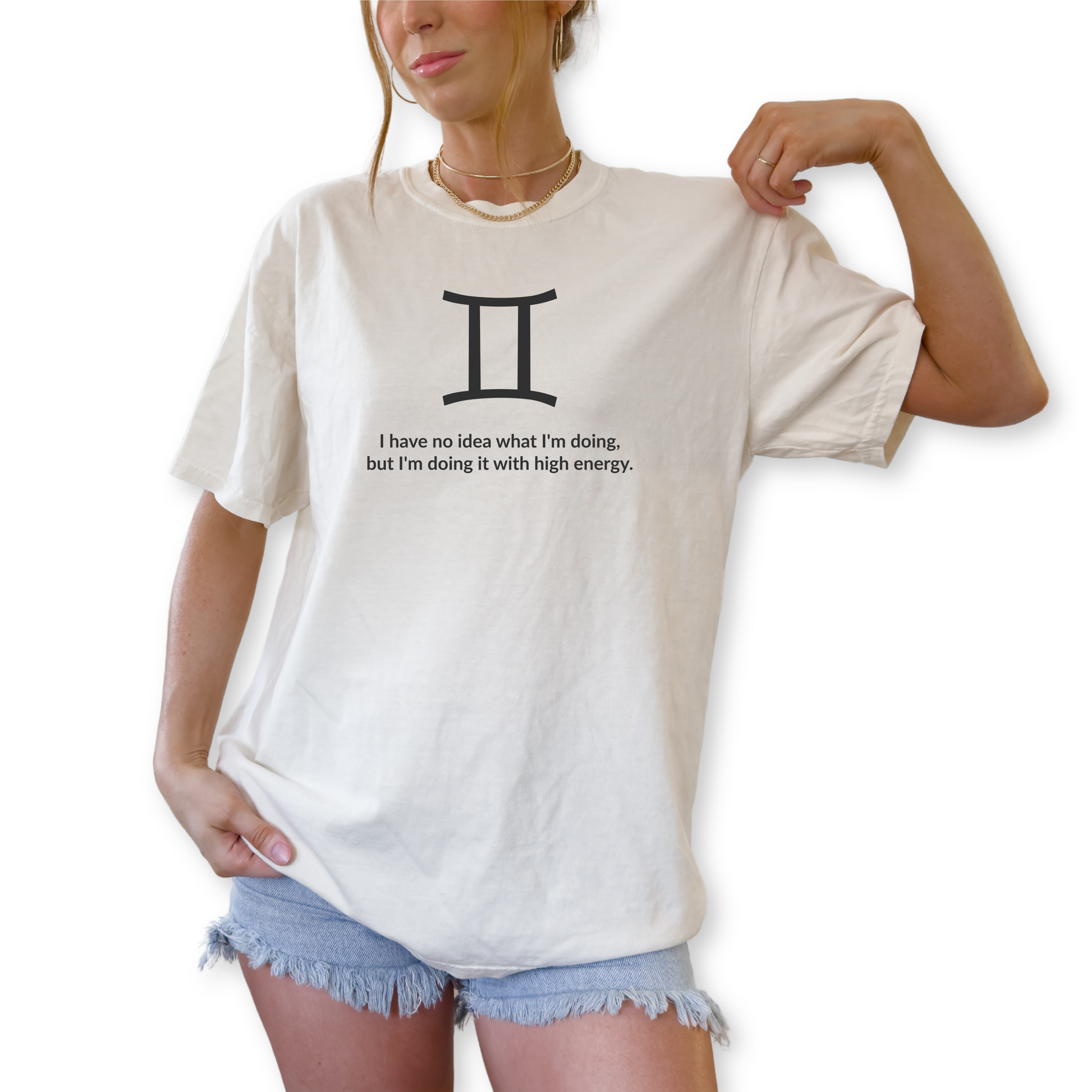 Gemini zodiac horoscope t-shirt featuring “I Have No Idea What I’m Doing, But I’m Doing It With High Energy.” Funny astrology shirt for May and June birthdays. Air sign graphic tee for horoscope lovers with bold, energetic personalities.