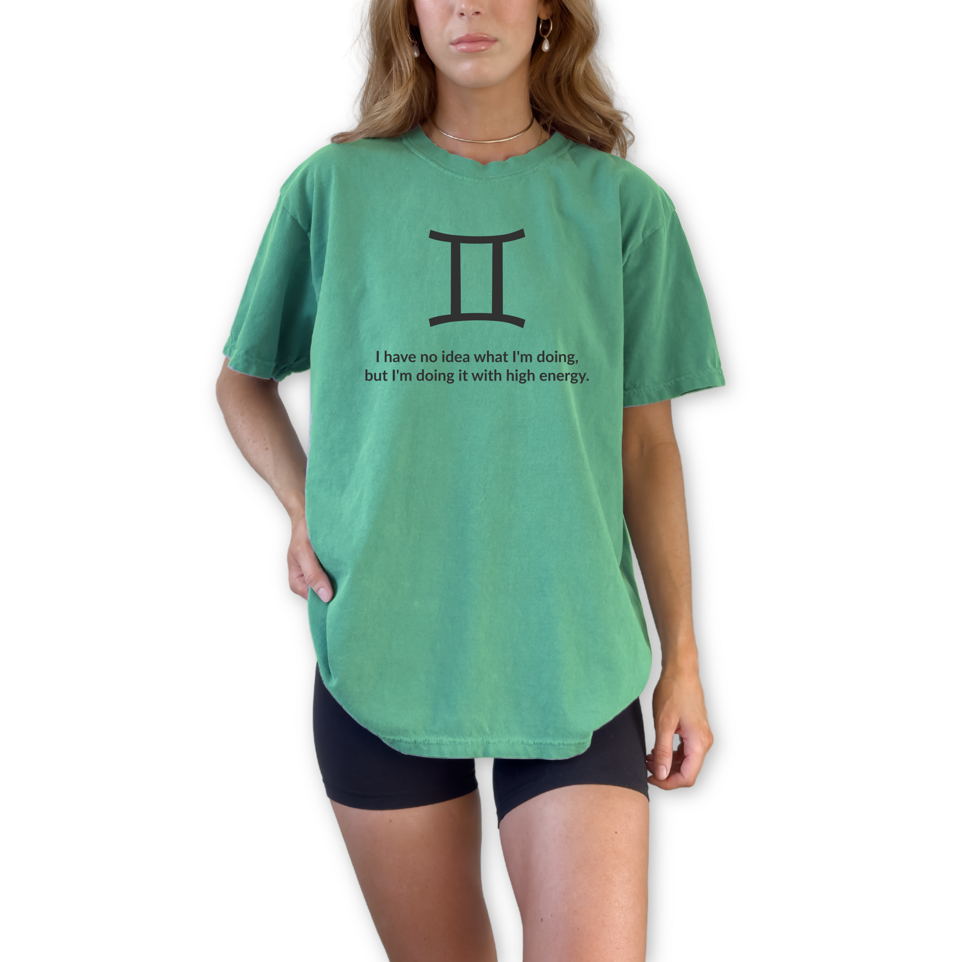 Gemini zodiac horoscope t-shirt featuring “I Have No Idea What I’m Doing, But I’m Doing It With High Energy.” Funny astrology shirt for May and June birthdays. Air sign graphic tee for horoscope lovers with bold, energetic personalities.