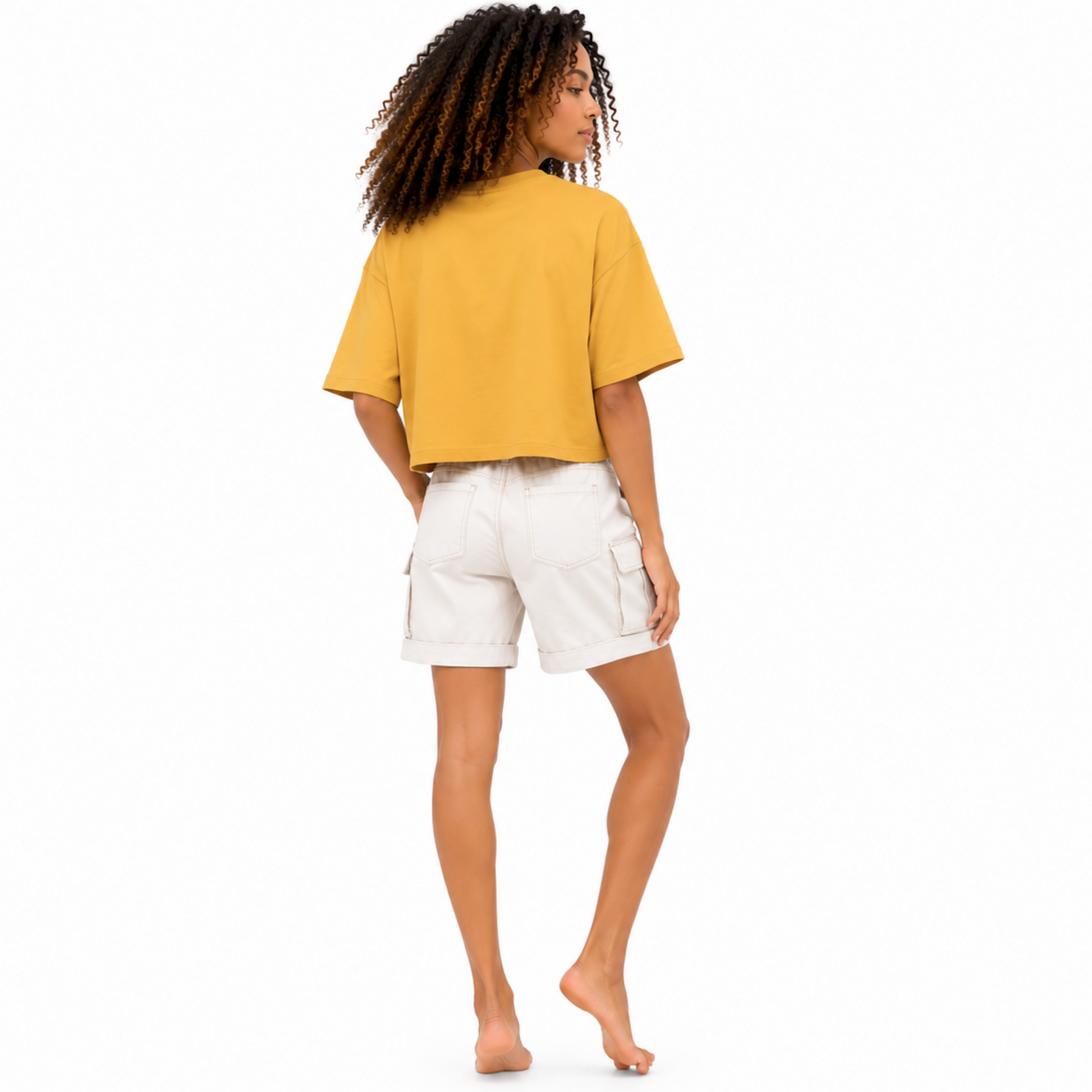 Back view of a women's boxy crop Go Sports graphic T-shirt showing the relaxed cropped fit and plain back.