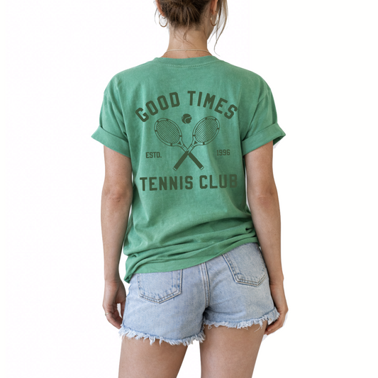 Unisex Good Times Tennis Club retro graphic t-shirt styled for preppy court sport outfit and country club aesthetic. Vintage tennis inspired shirt in green ivory and white for athletic street style and summer tournament wear