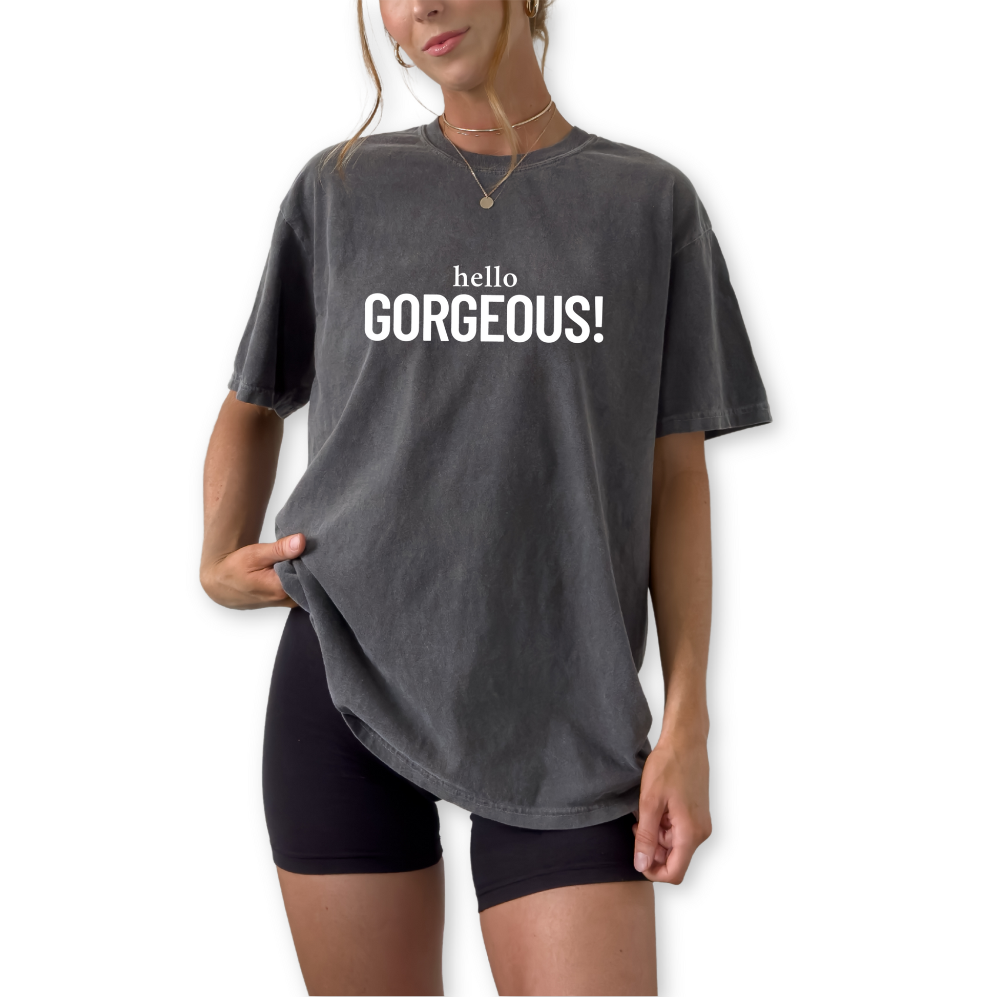Hello Gorgeous unisex graphic t-shirt featuring bold statement design. Cute confidence shirt and gift for her, perfect for everyday wear.