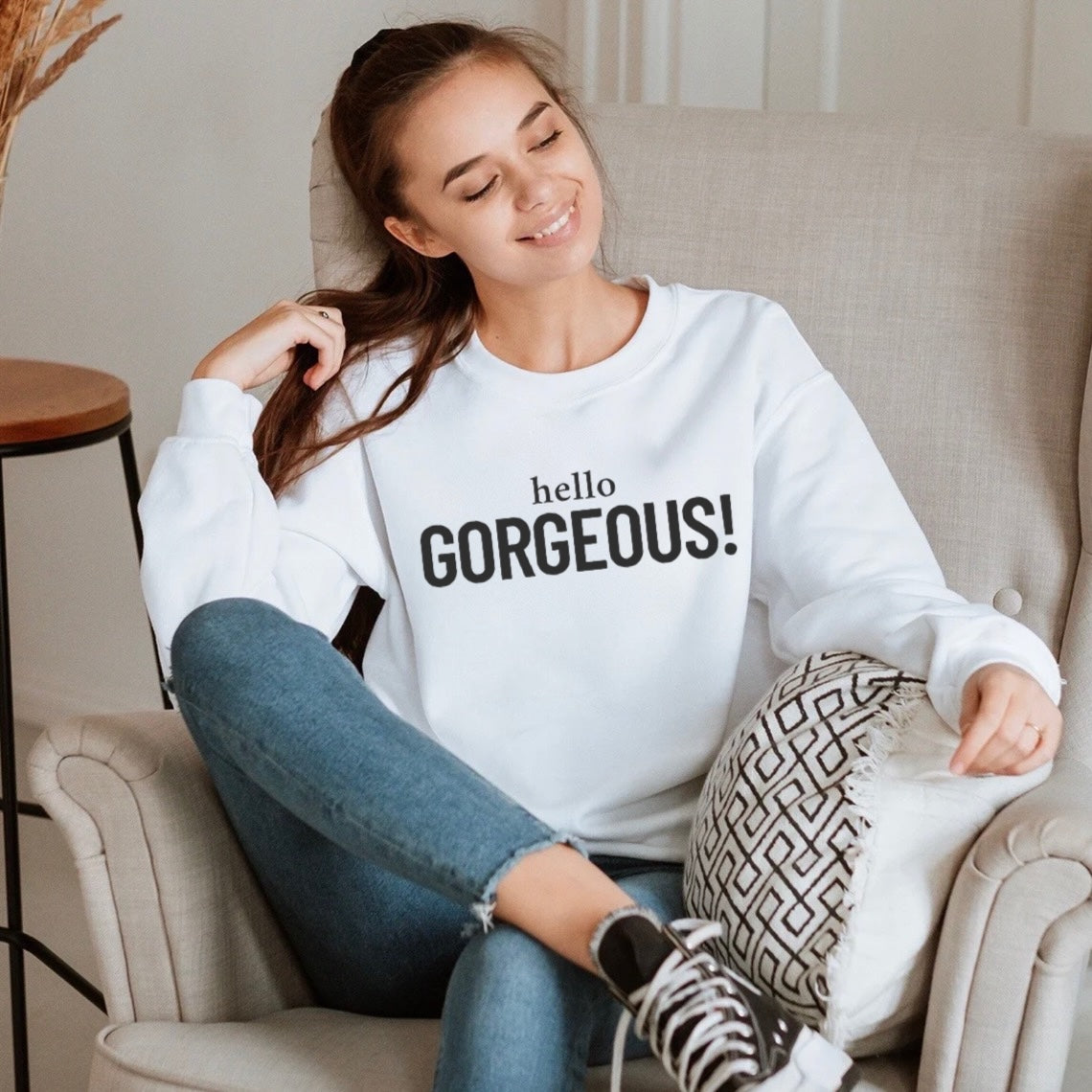 Hello Gorgeous statement design on unisex pullover sweatshirt. Trendy graphic crewneck sweater for everyday wear and gifting.