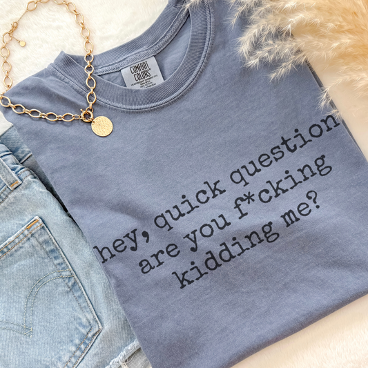 Vintage-style garment-dyed tee featuring Hey Quick Question Are You F*cking Kidding Me quote.