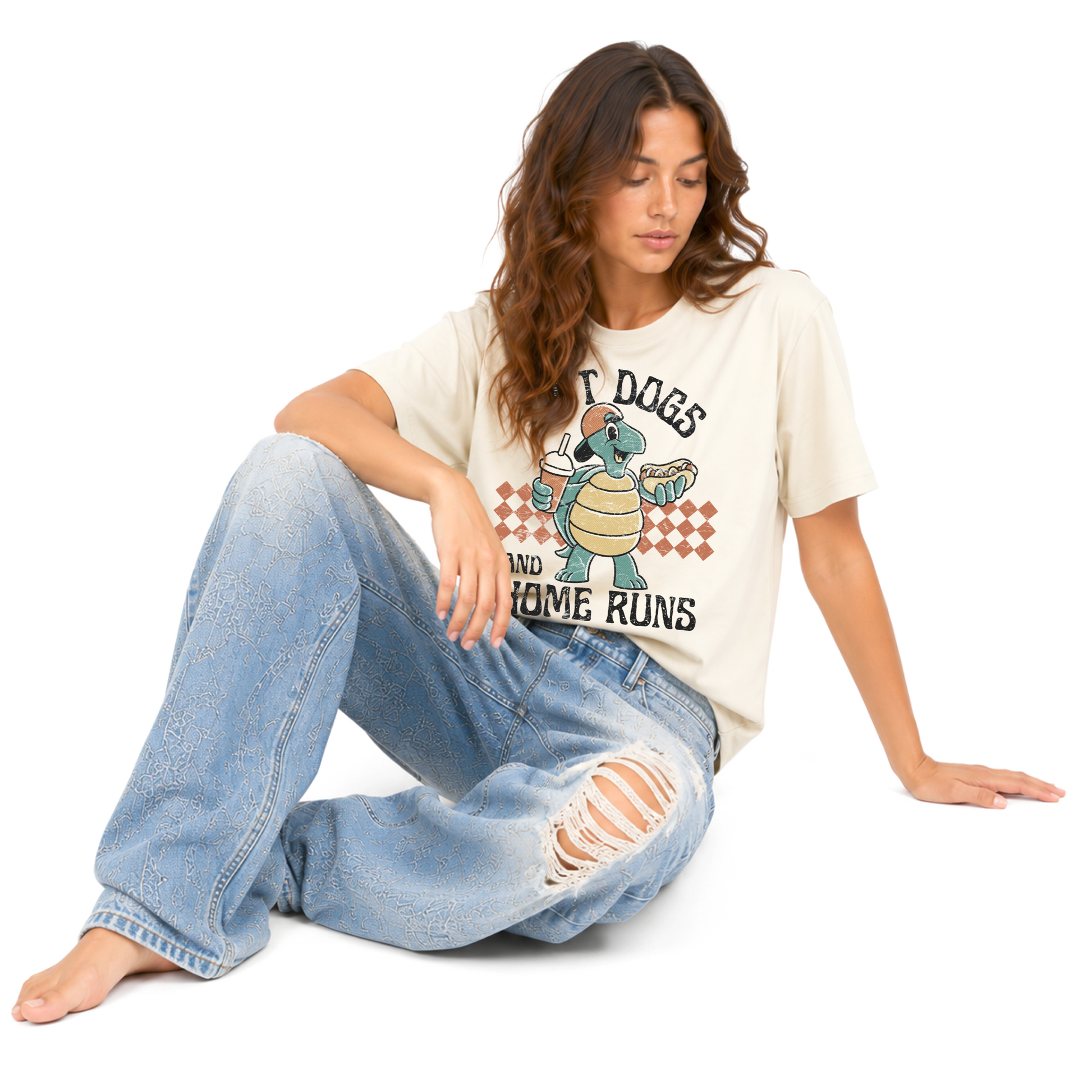 Unisex vintage baseball shirt featuring the phrase “Hot Dogs & Home Runs,” styled for a casual ballpark game day outfit.