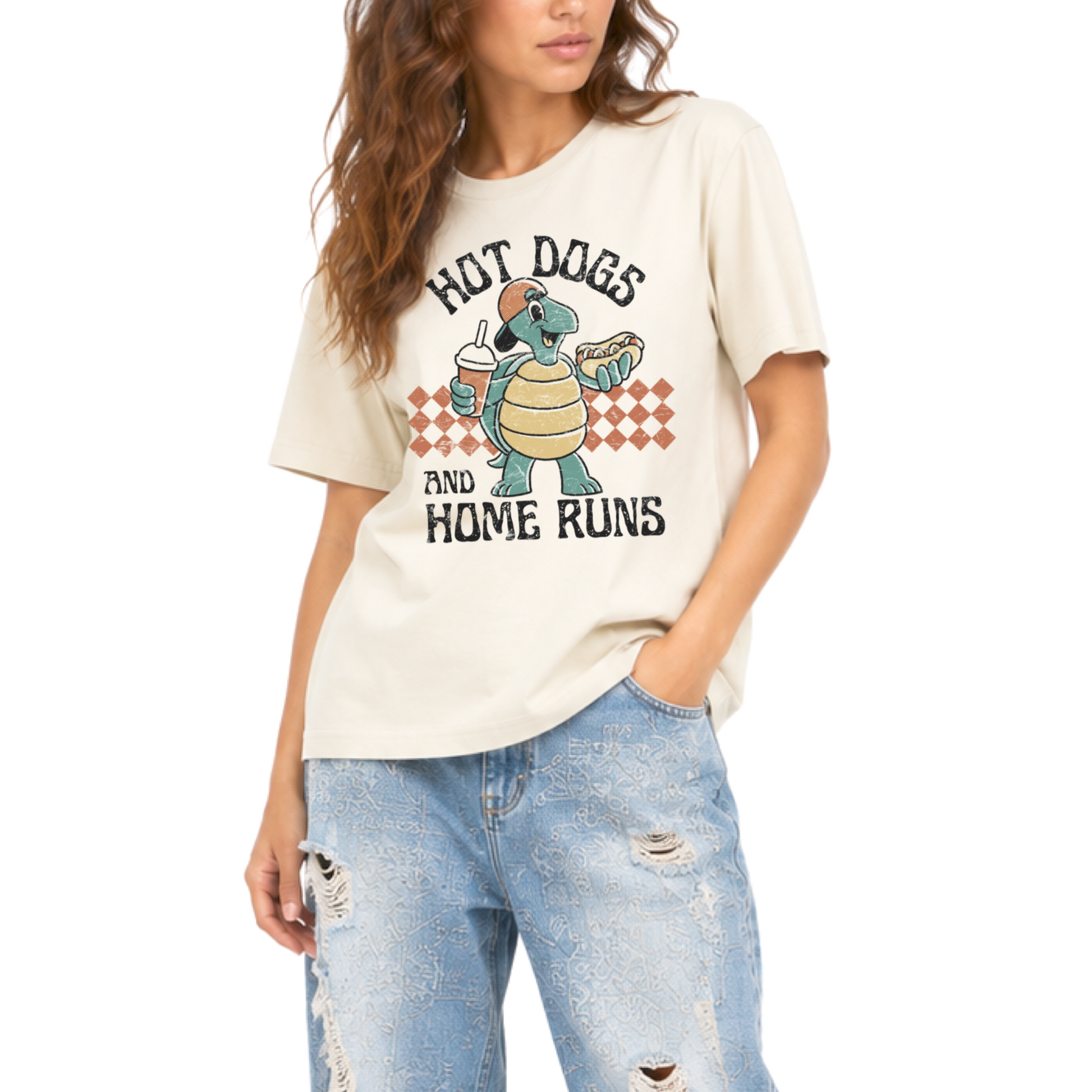 Close-up of the vintage Hot Dogs & Home Runs baseball graphic printed on a unisex retro-style T-shirt.