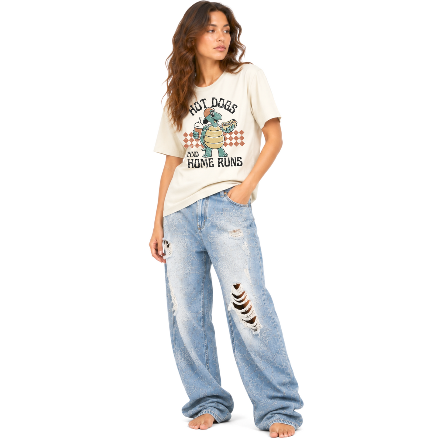 Model wearing a Hot Dogs & Home Runs unisex vintage baseball graphic T-shirt for ballpark games and baseball season.