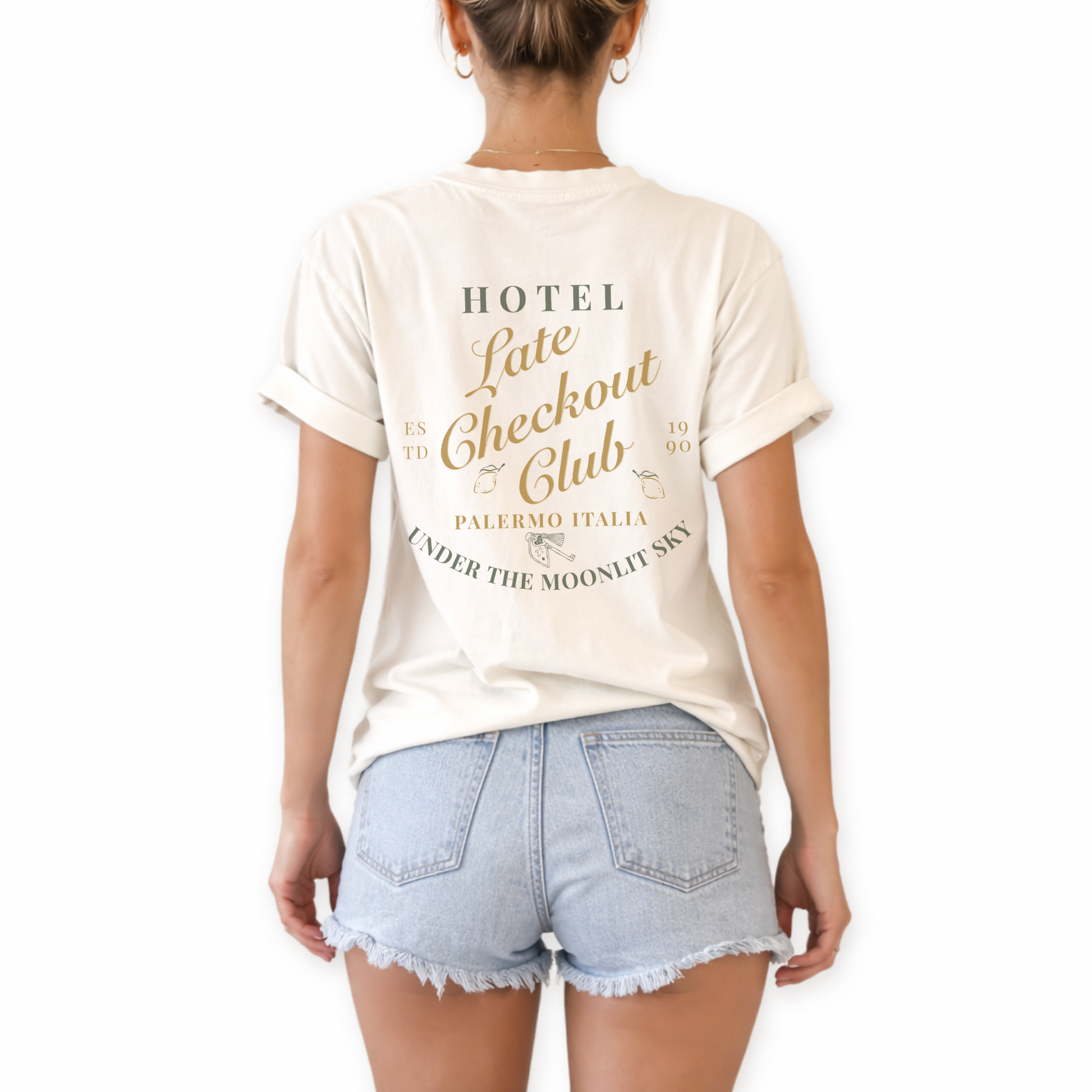Vintage-inspired hotel aesthetic graphic tee for vacation lovers and weekend getaways. Unisex retro travel shirt featuring Hotel Late Checkout Club moonlit design. Hotel Late Checkout Club Under the Moonlite Sky retro unisex t-shirt with vintage travel design.