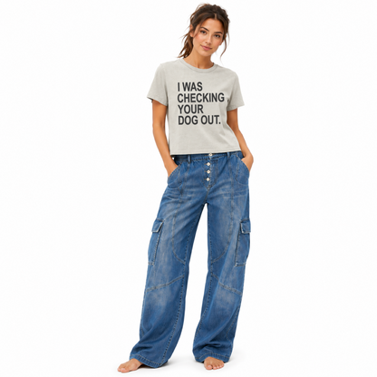 Model wearing a vintage thyme women’s heavyweight graphic tee with a funny dog-lover saying.
