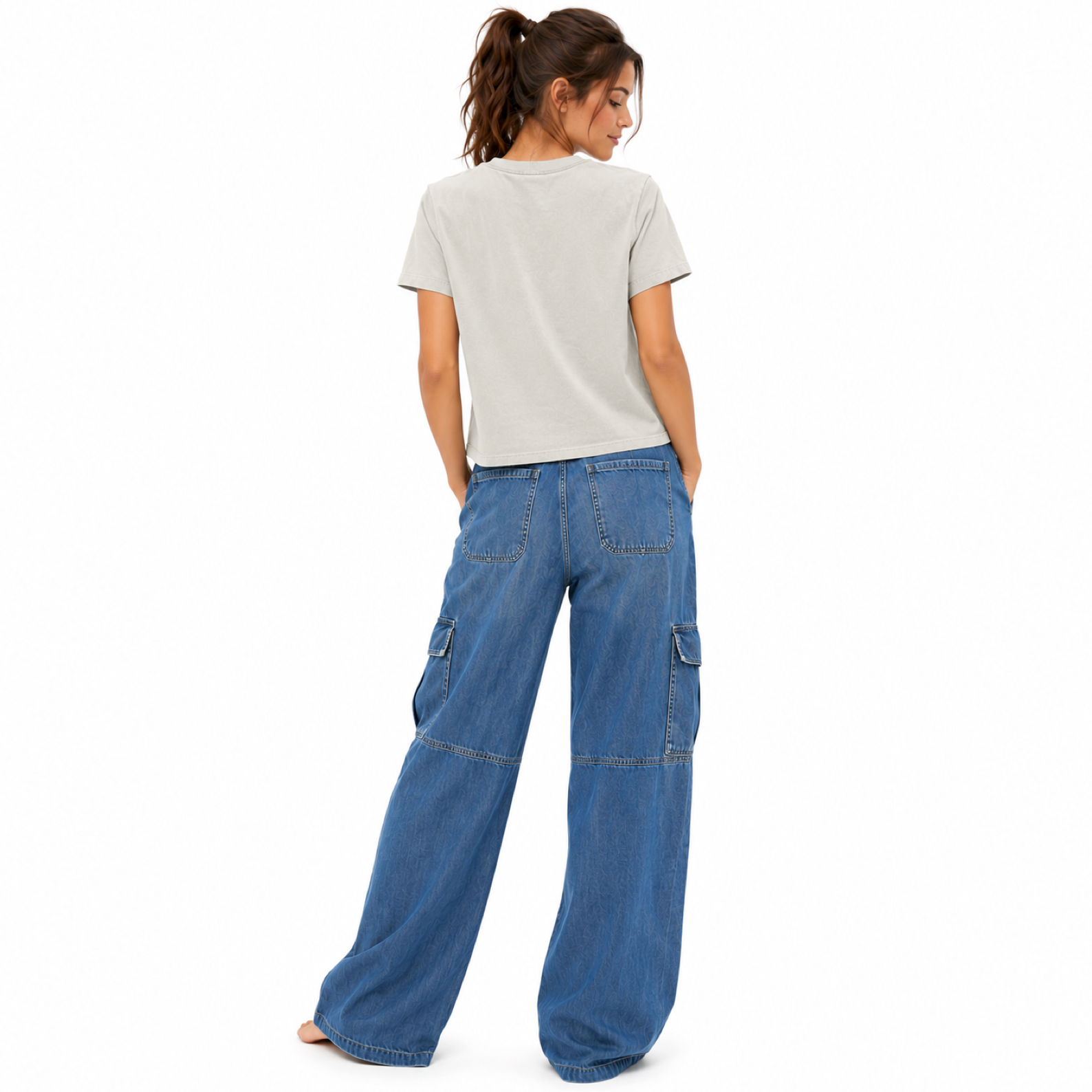 Back view of a vintage thyme women’s heavyweight mid-length T-shirt showing the plain back and relaxed fit.