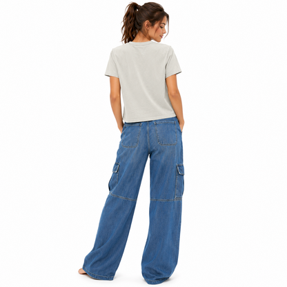 Back view of a vintage thyme women’s heavyweight mid-length T-shirt showing the plain back and relaxed fit.