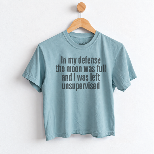 Women’s In My Defense The Moon Was Full and I Was Left Unsupervised graphic tee featuring a funny astrology saying for moon lovers and celestial humor fans. Fineish 