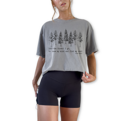 Into the Wild I Go outdoor graphic t-shirt with inspirational quote about finding your soul in nature. Perfect gift for hikers and adventure enthusiasts.