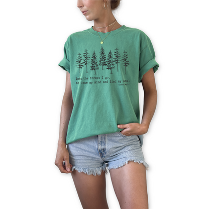 Into the Wild I Go unisex graphic t-shirt featuring inspirational nature quote “To Lose My Mind and Find My Soul.” Outdoor hiking shirt for adventure lovers.