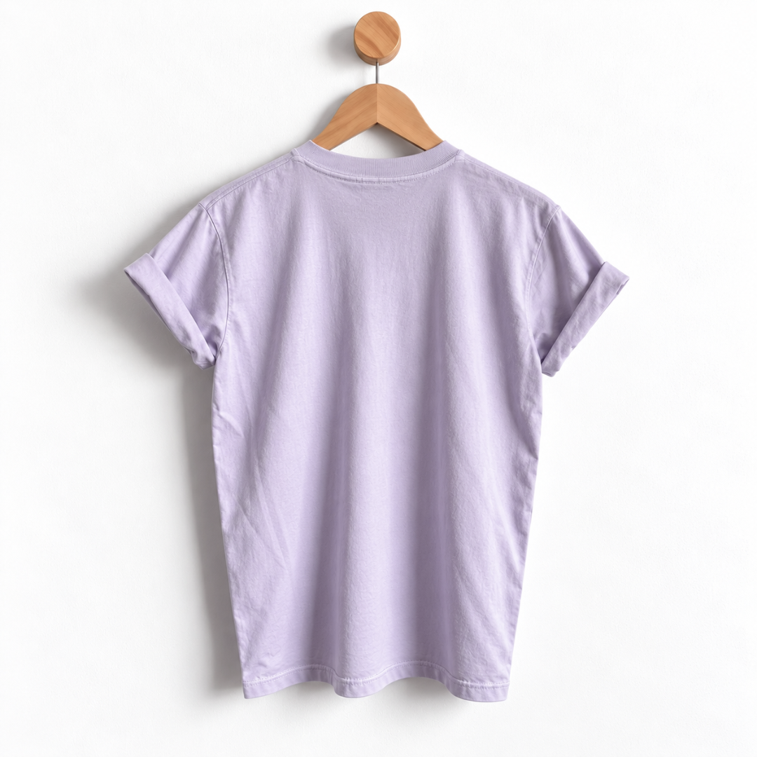 Back view of Karma Made Me Do It boyfriend tee with garment dyed fabric, relaxed unisex sizing, crew neckline, short sleeves, and a slightly oversized fit for women.