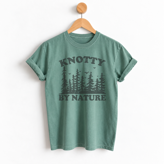 Knotty by Nature boyfriend tee featuring a playful tree and nature inspired graphic, perfect for nature lovers, outdoor adventures, hiking, camping, and woodland style. Shop Fineish