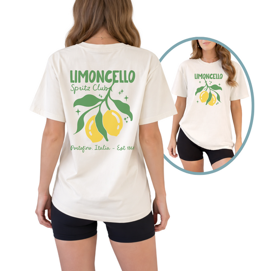 Lemoncello Spritz Club Portofino Italia retro unisex t-shirt with Italian coastal design. Vintage Italian summer graphic tee inspired by Amalfi Coast and spritz culture. Unisex retro travel shirt featuring Portofino Italia and Lemoncello Spritz Club theme.