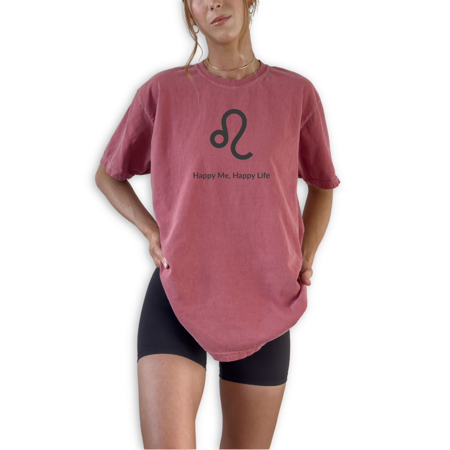 Leo astrology shirt with “Happy Me Happy Life” quote. Zodiac graphic tee for charismatic fire sign personalities born in July and August who embrace confidence and self-expression.