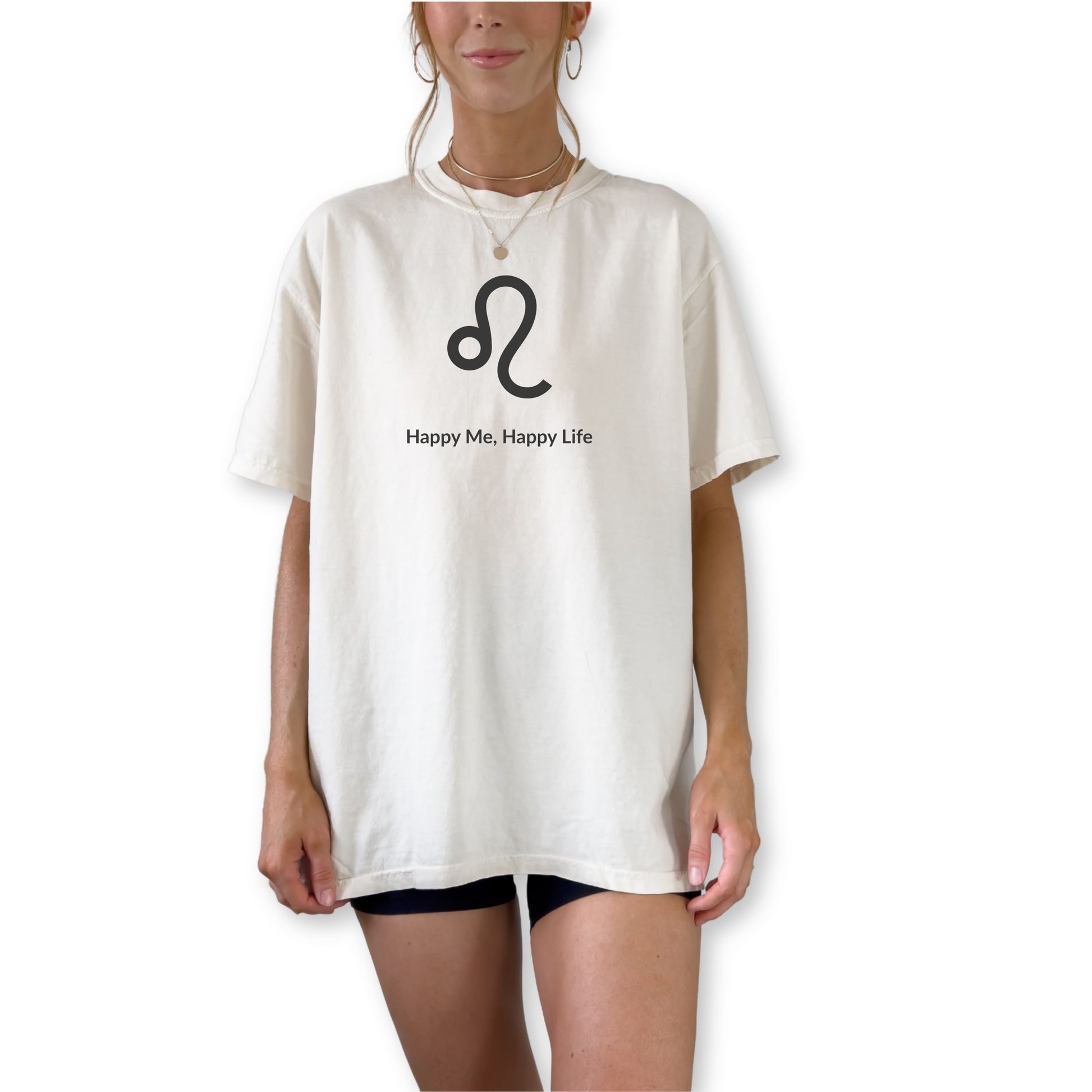 Funny Leo zodiac horoscope shirt featuring “Happy Me Happy Life.” Unique astrology gift for Leo birthdays, fire sign apparel, and horoscope fans who love bold statement tees.