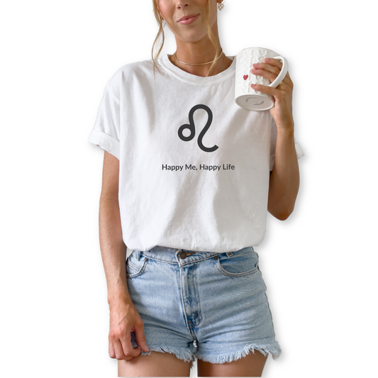 Leo zodiac horoscope t-shirt featuring “Happy Me Happy Life.” Astrology graphic tee for July and August birthdays. Fire sign shirt for confident horoscope lovers with bold personalities.