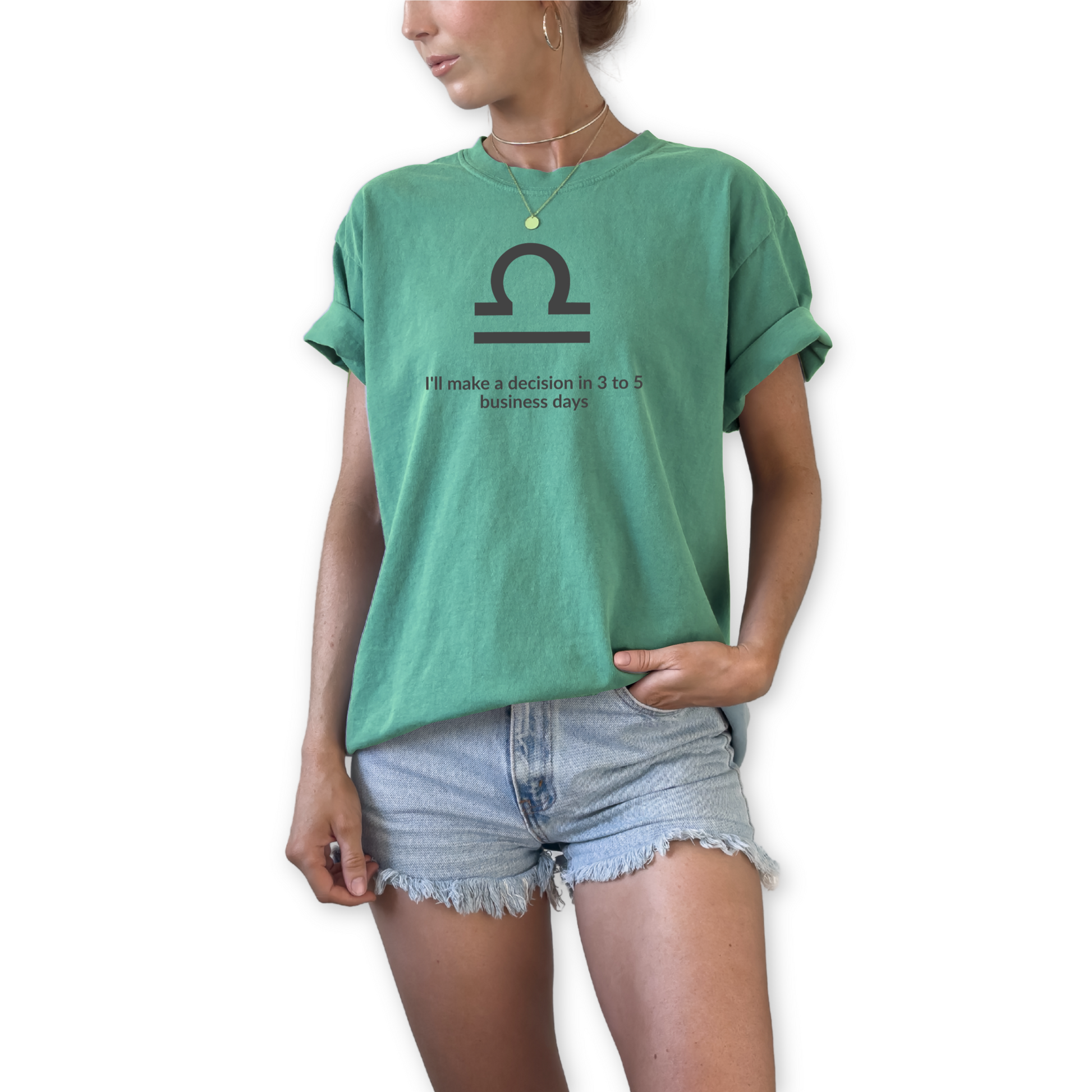 Libra zodiac t-shirt featuring “I’ll Make a Decision in 3 to 5 Business Days.” Funny astrology shirt for September and October birthdays. Air sign graphic tee for horoscope lovers who embrace indecisive personality traits.