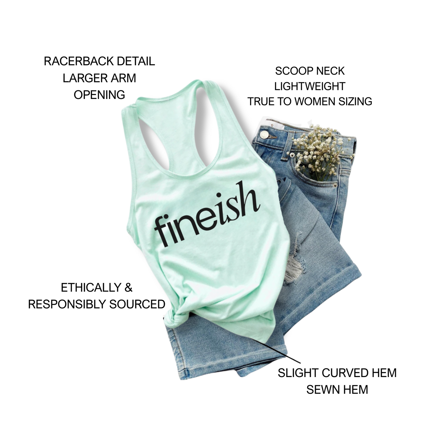 Women’s lightweight racerback tank product details highlighting seamless construction, fitted silhouette, and best-selling graphic tank design.