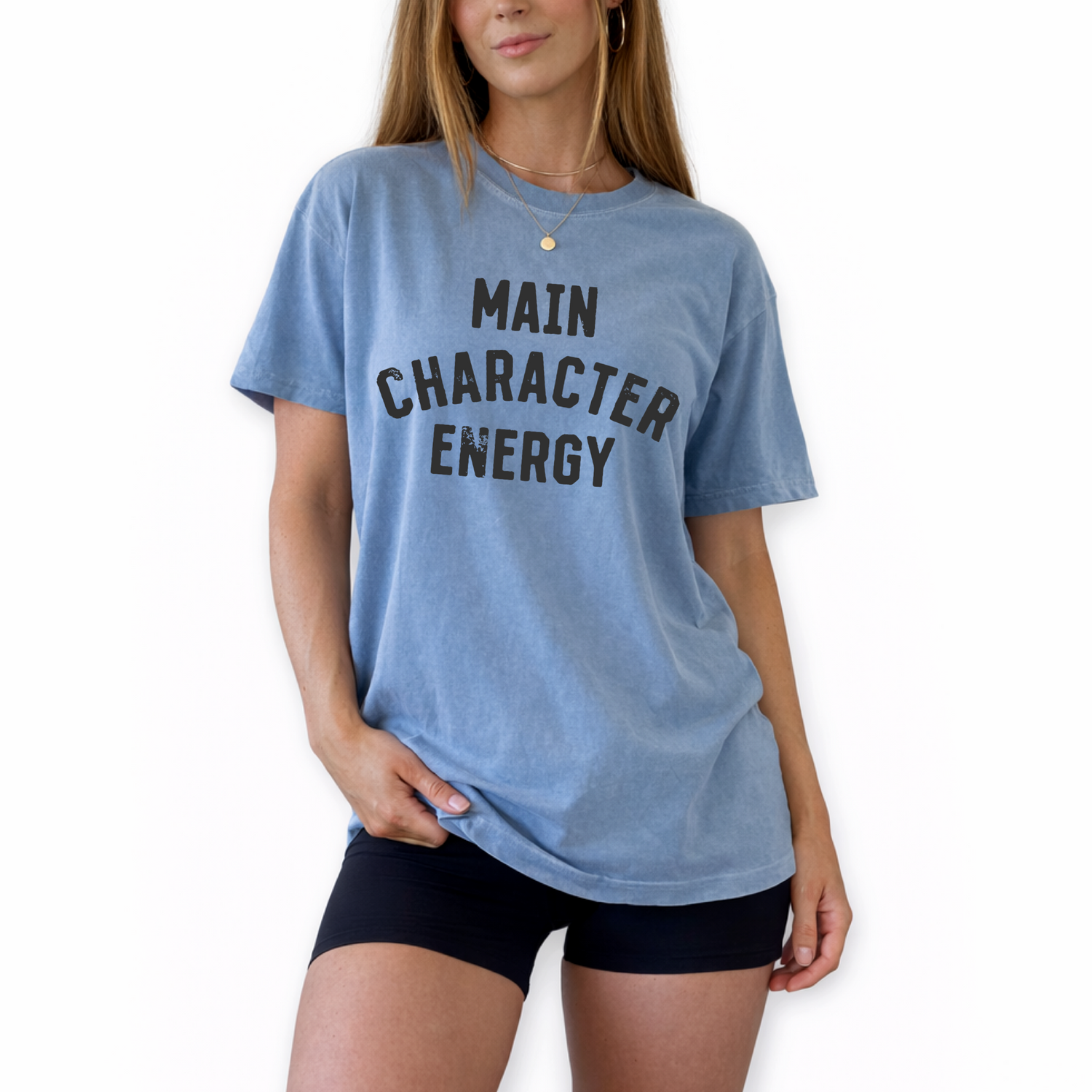 Unisex retro Main Character Energy graphic t-shirt styled for trendy streetwear and confident everyday outfit. Aesthetic statement shirt in mustard ivory gray blue crimson and white for viral social media fashion looks