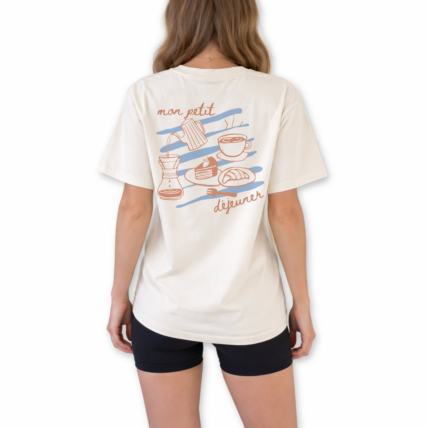 Mon Petit Déjeuner retro unisex t-shirt featuring French breakfast inspired graphic design. Vintage style café graphic tee with Mon Petit Déjeuner French phrase.