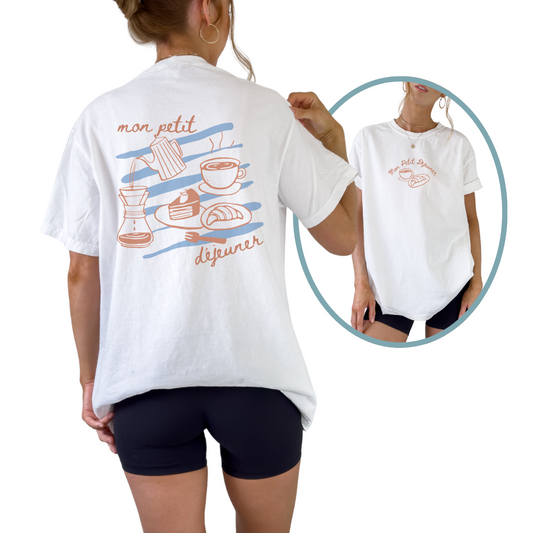 Mon Petit Déjeuner retro unisex t-shirt featuring French breakfast inspired graphic design. Vintage style café graphic tee with Mon Petit Déjeuner French phrase.