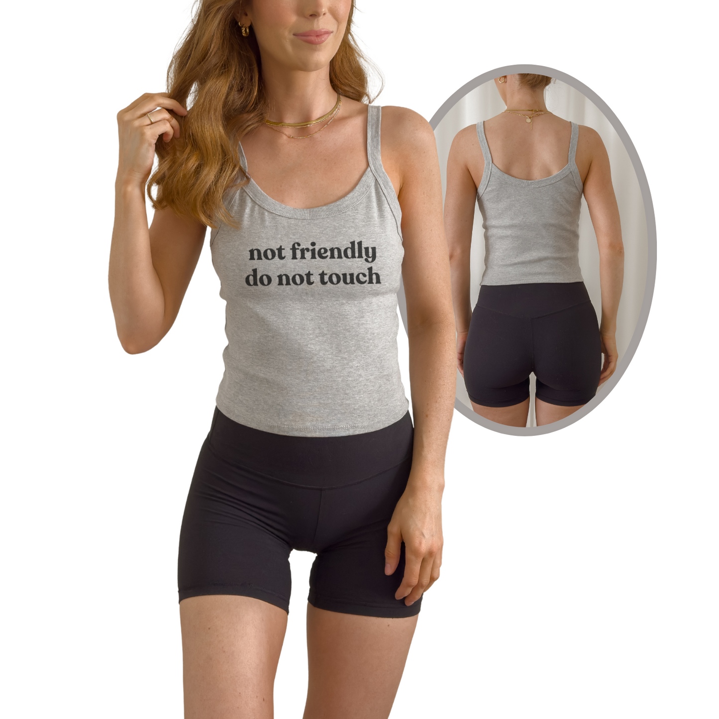 Not Friendly Do Not Touch women’s ribbed crop tank with bold sarcastic statement design. Women’s ribbed crop tank top featuring Not Friendly Do Not Touch graphic.