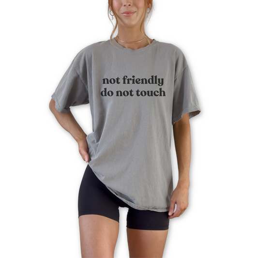 Not Friendly Do Not Touch unisex graphic t-shirt with bold sarcastic boundary statement.