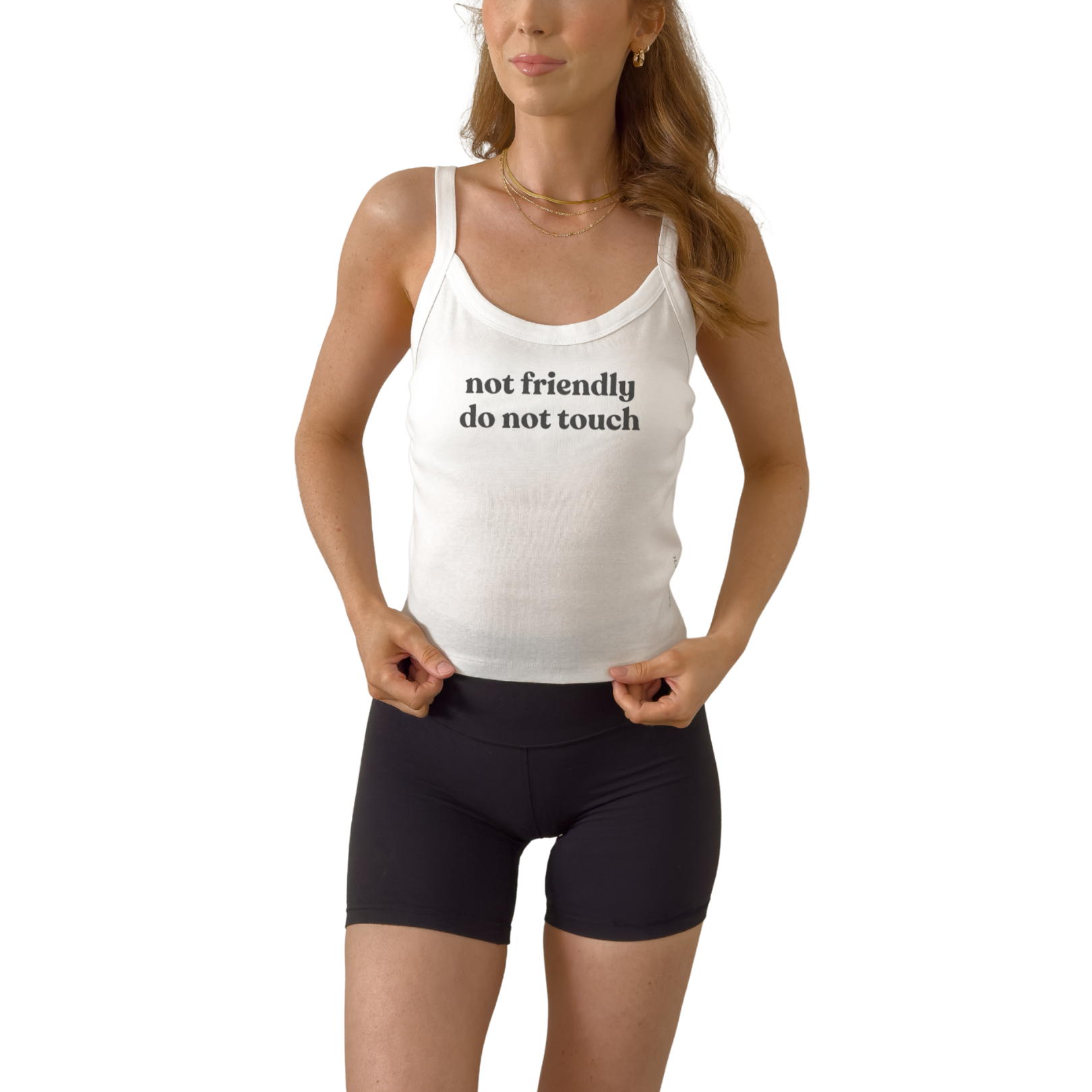 Not Friendly Do Not Touch women’s ribbed crop tank with bold sarcastic statement design. Women’s ribbed crop tank top featuring Not Friendly Do Not Touch graphic.