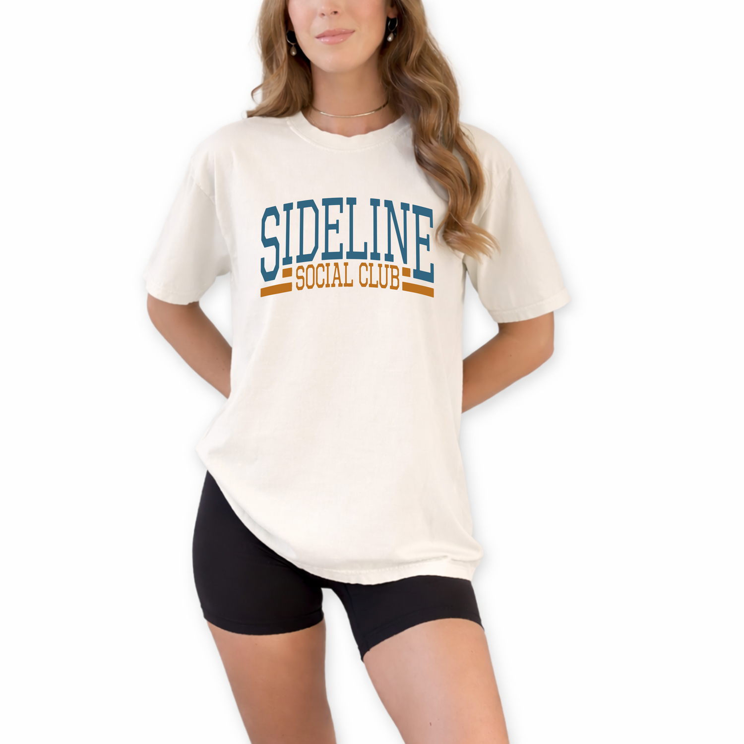 Unisex Sideline Social Club retro graphic t-shirt styled for football game day and tailgate fashion. Vintage inspired sports fan shirt in mustard ivory and white for stadium weekends and casual athletic wear