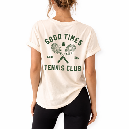 Unisex Good Times Tennis Club retro graphic t-shirt styled for preppy court sport outfit and country club aesthetic. Vintage tennis inspired shirt in green ivory and white for athletic street style and summer tournament wear