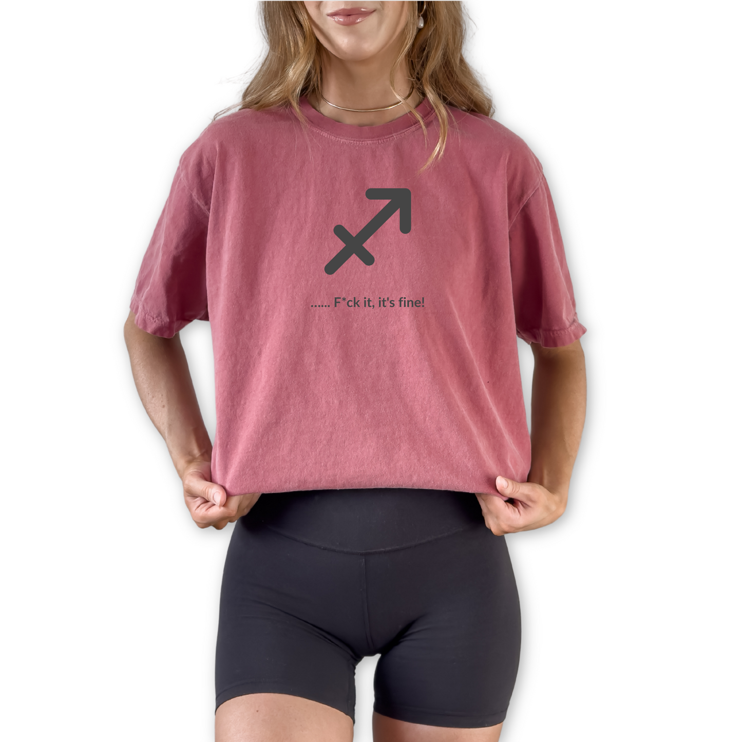 Funny Sagittarius zodiac horoscope shirt featuring “F*ck It, It’s Fine!” Unique astrology gift for Sagittarius birthdays and fire sign horoscope fans.