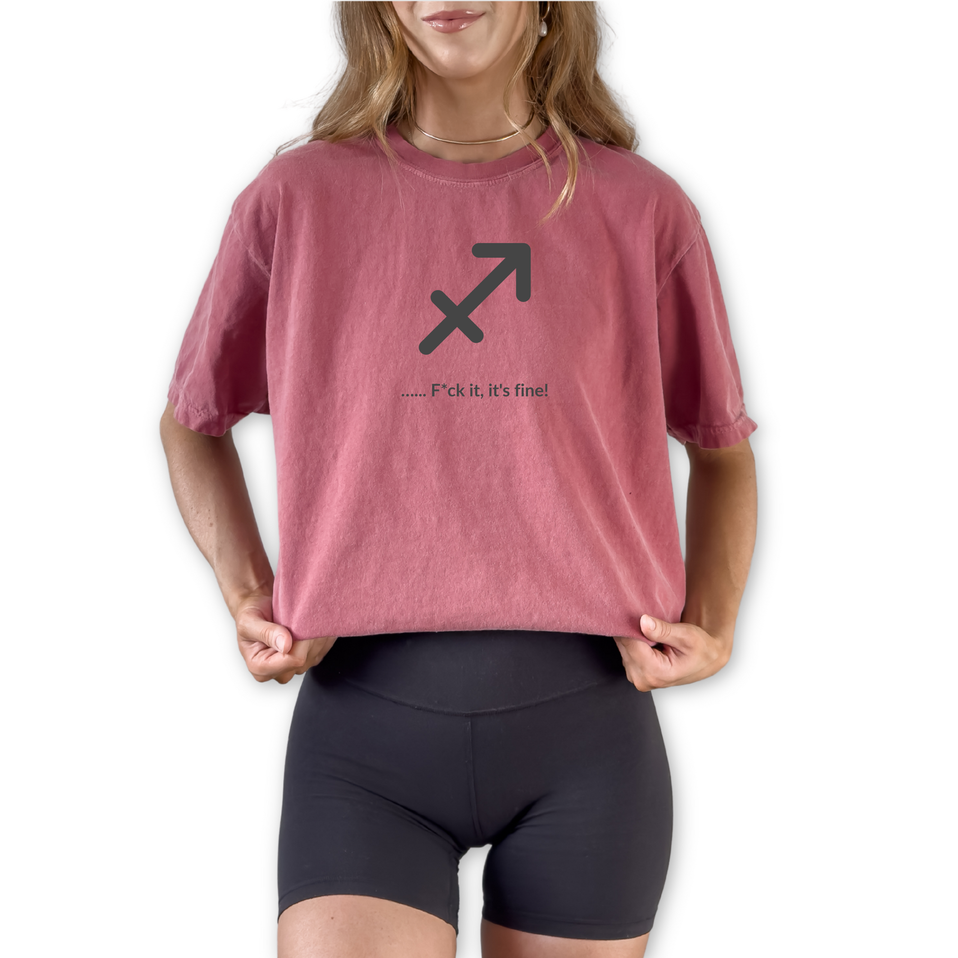 Funny Sagittarius zodiac horoscope shirt featuring “F*ck It, It’s Fine!” Unique astrology gift for Sagittarius birthdays and fire sign horoscope fans.